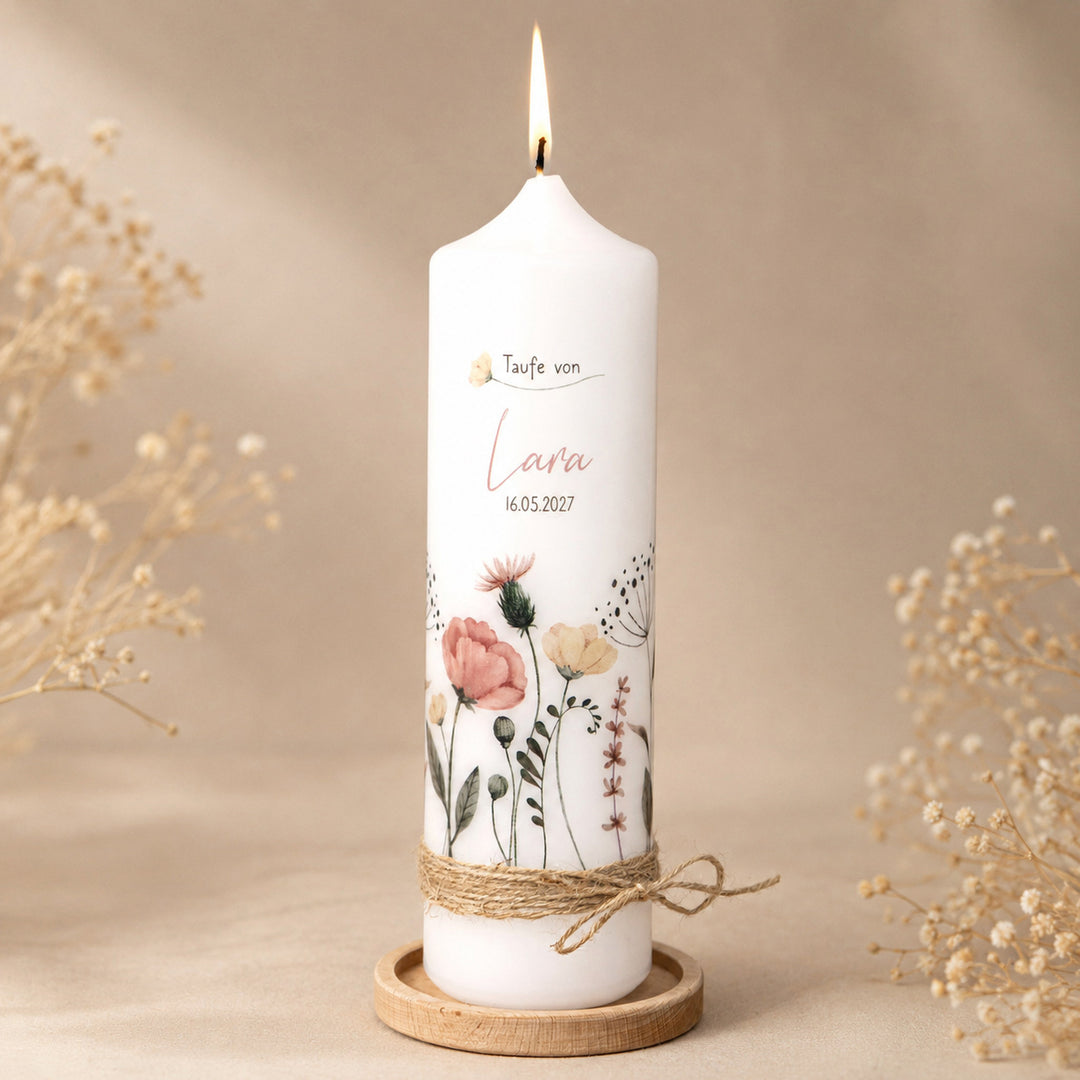 Taufkerze Wildblumen personalisiert