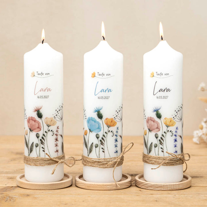 Taufkerze Mädchen und Blumen in 3 Farben inkl. Juteband