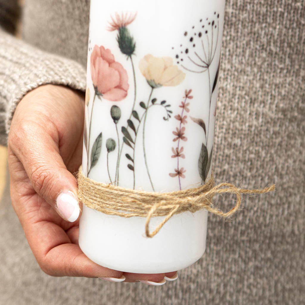 Taufkerze Juteband mit Blumenmotiv für Mädchen
