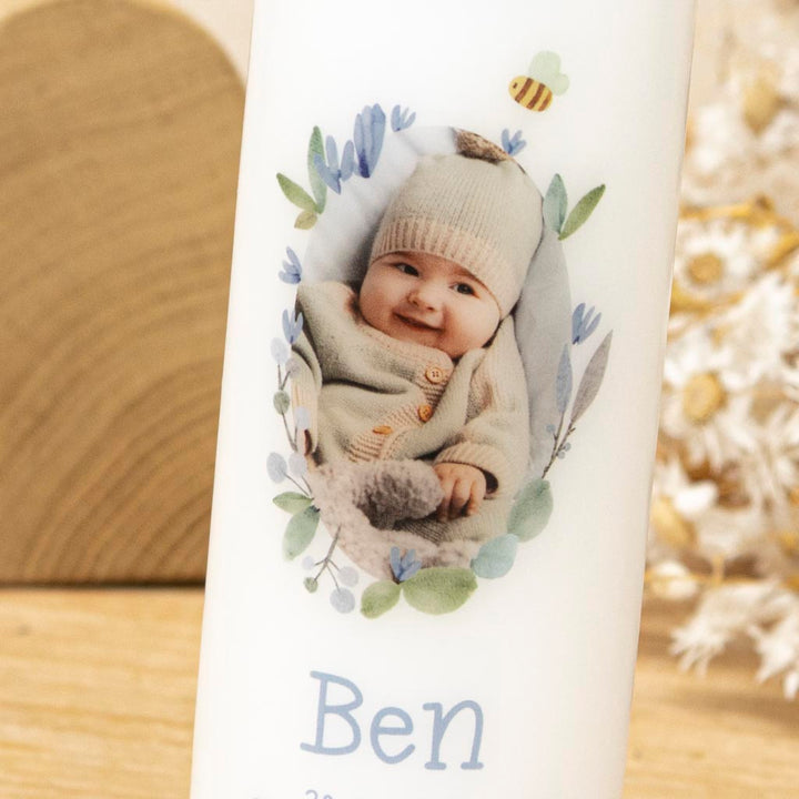 Taufkerze mit Foto für Junge mit Blumen und Biene