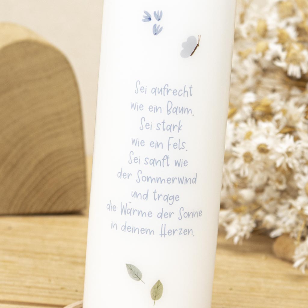 Taufkerze mit Taufspruch auf der Rückseite in Blau
