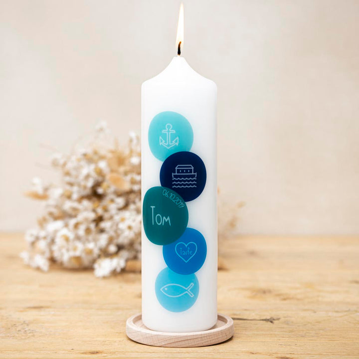 Taufkerze Symbole Maritim in Blau