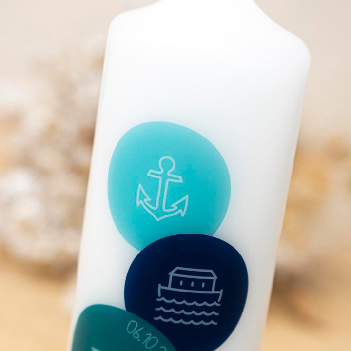 Taufkerze Glaube Liebe Hoffnung Anker in Blau