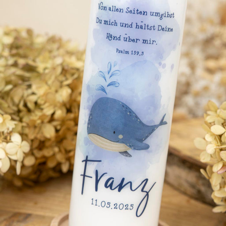 Taufkerze Wal Wellen Wasser in Blau