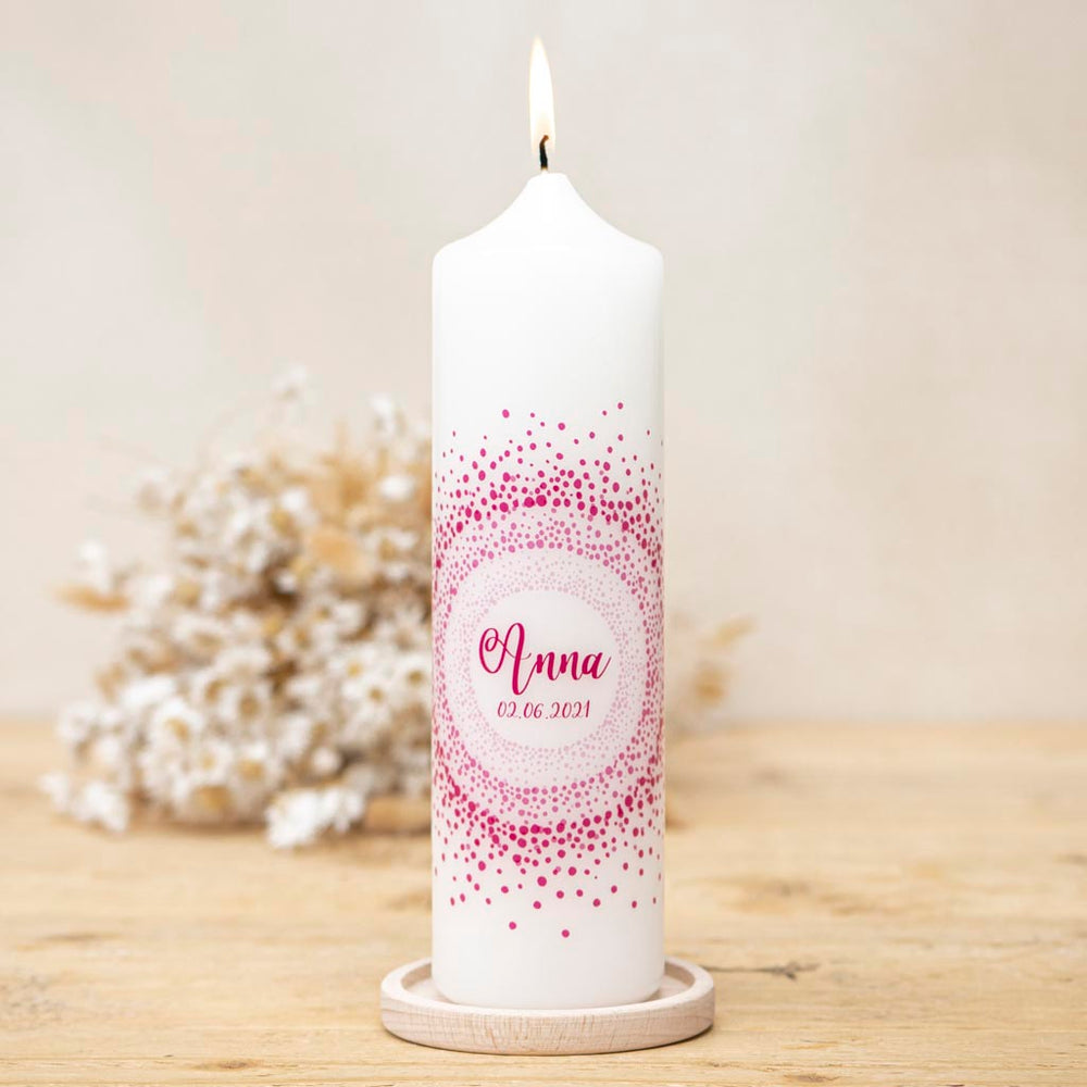 Taufkerze modern in pink mit Kerzenhalter Holz