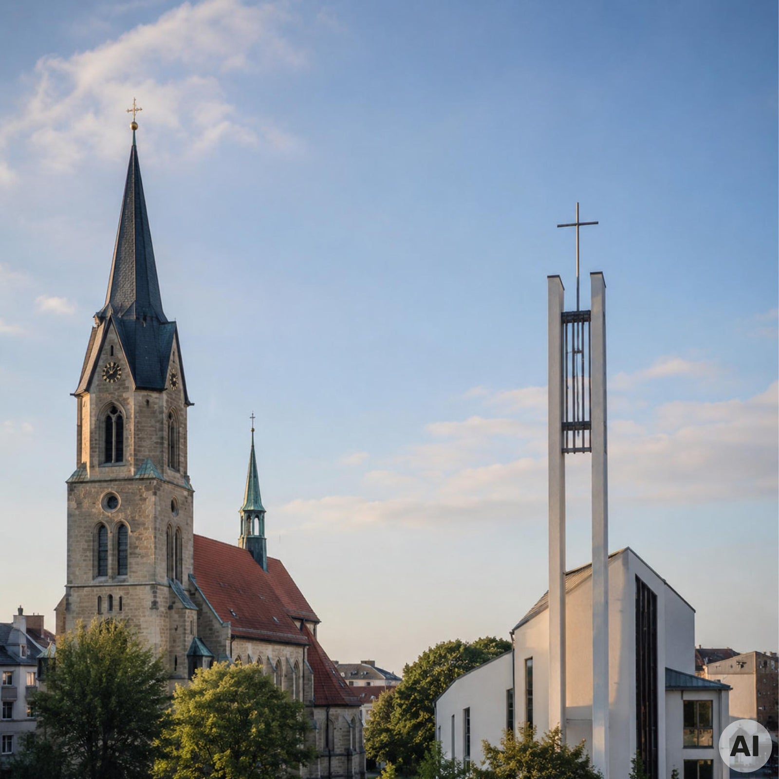 Katholische und evangelische Kirche nebeneinander als Sinnbild für die Konfessionen beim Taufpatenamt