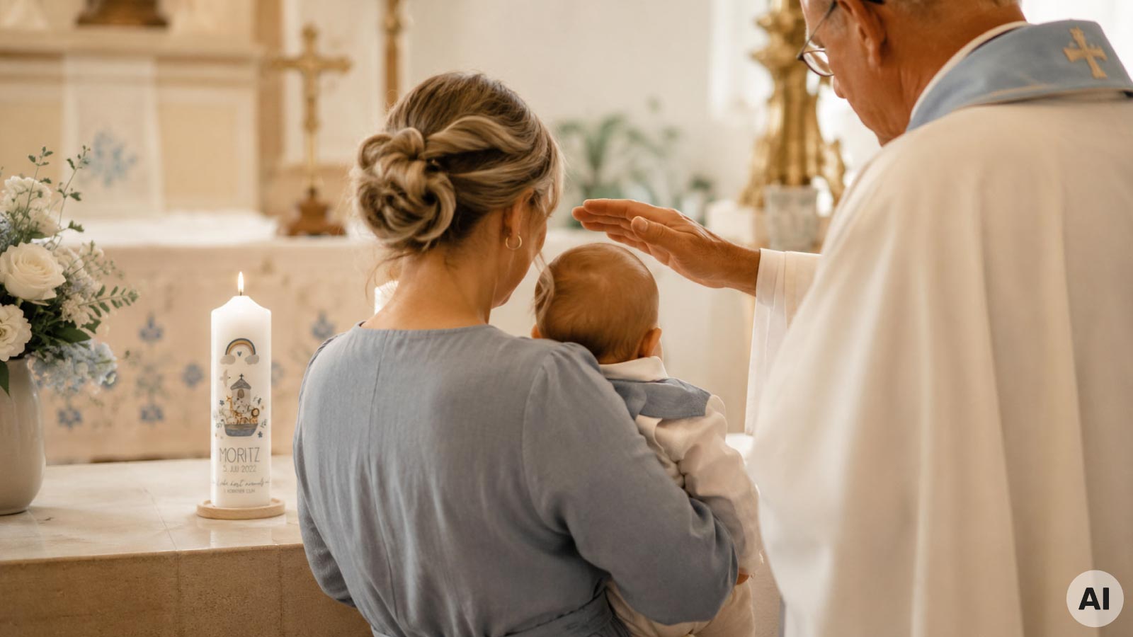Taufe eines Babys mit personalisierter Taufkerze am Altar