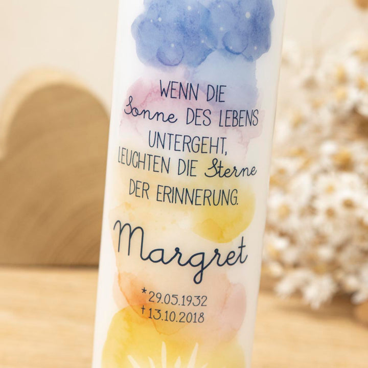Trauerkerze Sonne und Sterne in Wasserfarben-Optik