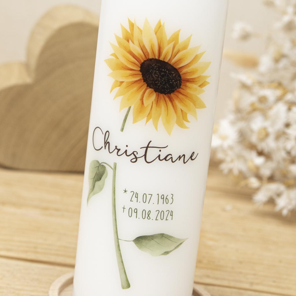 Trauerkerze Sonnenblume mit Name und Daten