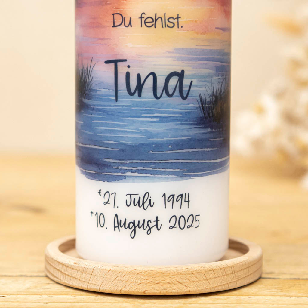 Trauerkerze Sonnenunterang mit Namen, Spruch und Daten