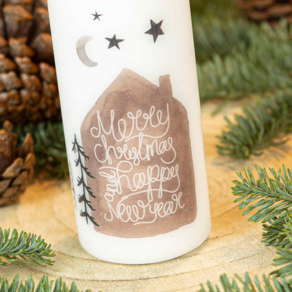 Adventskerze mit Spruch Baum Sternen und Haus