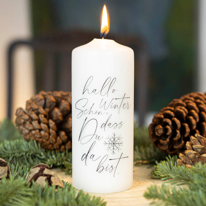 Weihnachtskerze mit Spruch Schön dass du da bist winter