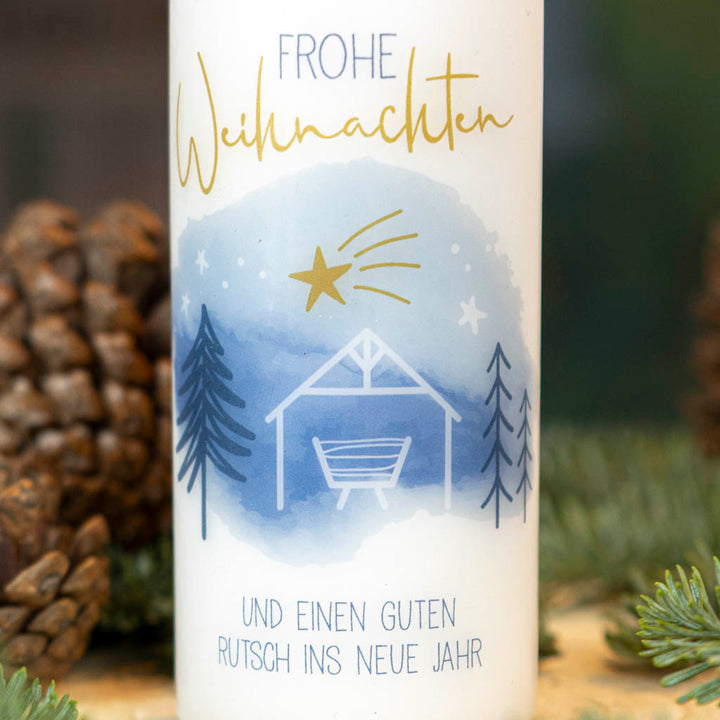 Weihnachtskerze Krippe Stern und Frohe Weihnachten in Blau und Gold