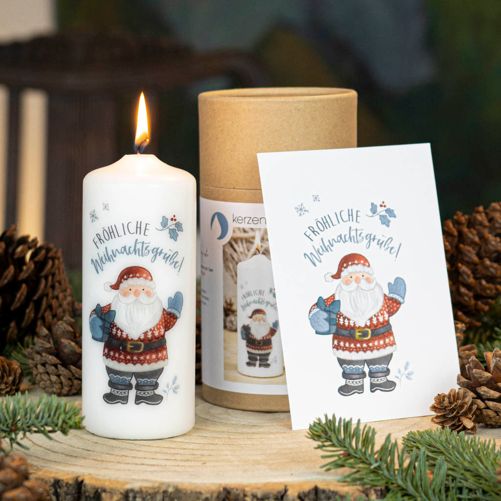 Weihnachtskerze Weihnachtsmann im Set mit Geschenkverpackung und Grußkarte