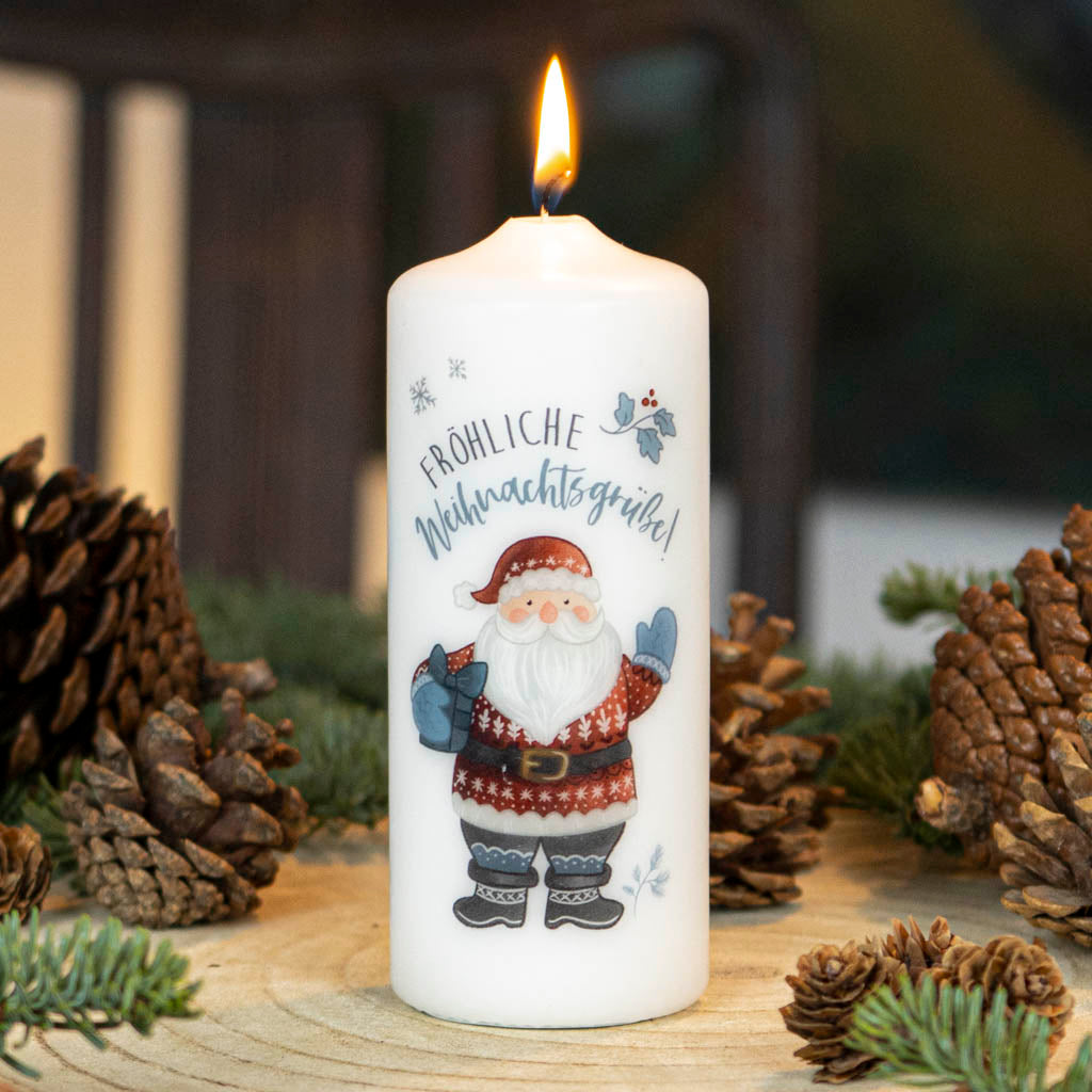 Weihnachtskerze Weihnachtsmann mit Schriftzug in Blau und Rot