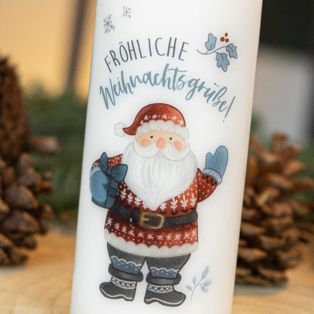 Weihnachtskerze mit gezeichnetem Weihnachtsmann
