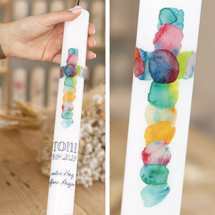 Kommunionkerze Regenbogen Kreuz Toni