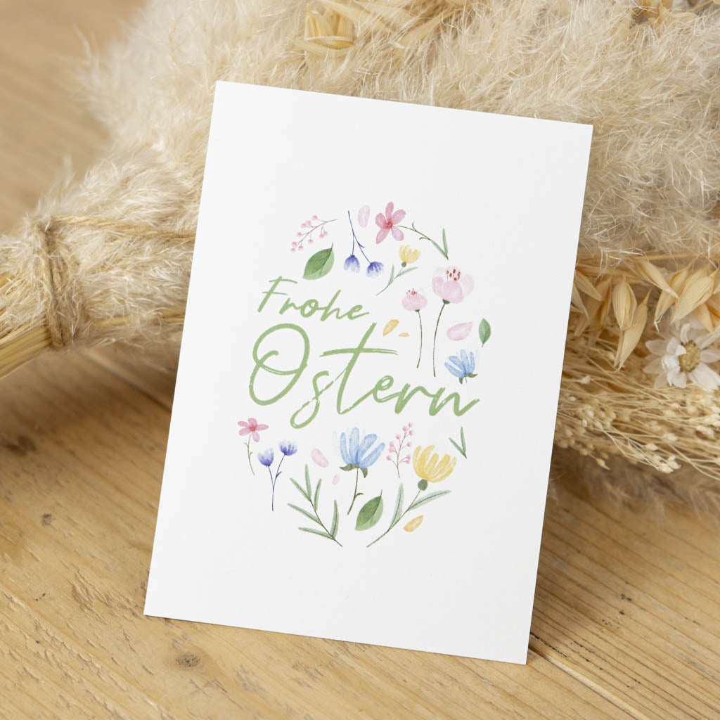 Grußkarte zu Ostern Frohe Ostern mit dem Motiv Blumen und Osterei