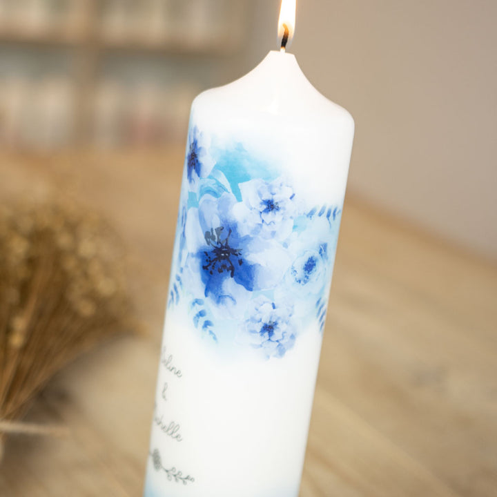 Hochzeitskerze Blau Aqaurell Blumen
