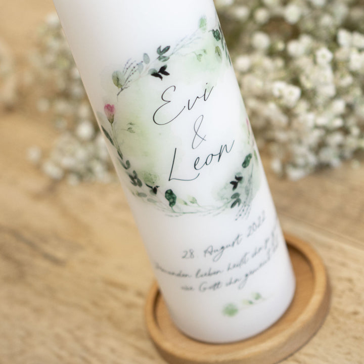 Hochzeitskerze Blumen Aquarell mit Kerzenhalter Holz