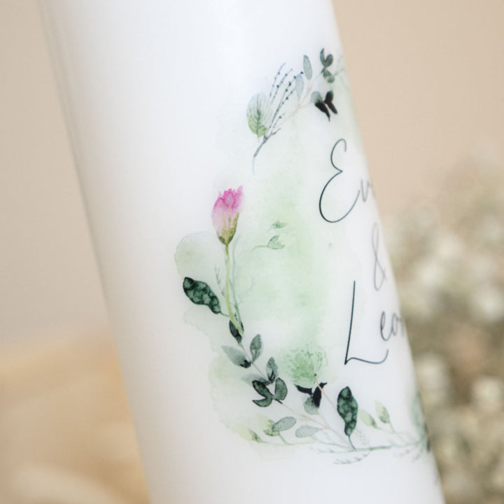 Hochzeitskerze Blumen Aquarell Rose und Zweige