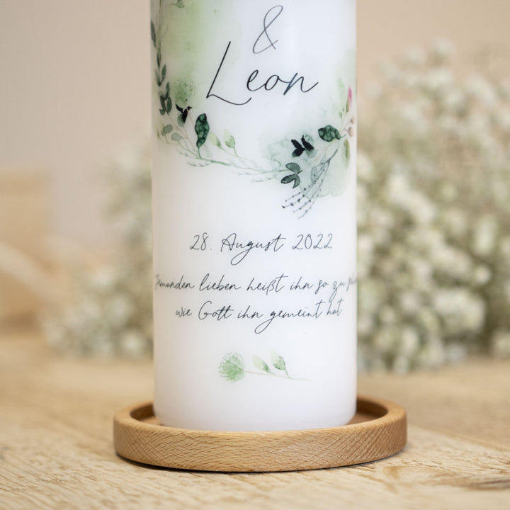 Hochzeitskerze Blumen Aquarell mit Trauspruch