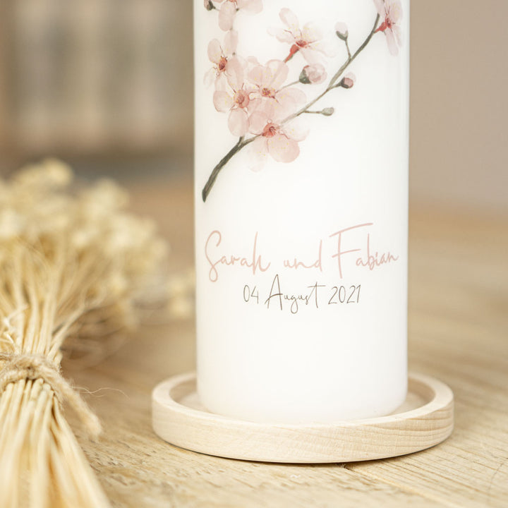 Hochzeitskerze Blumen Kirschblüte Traudatum