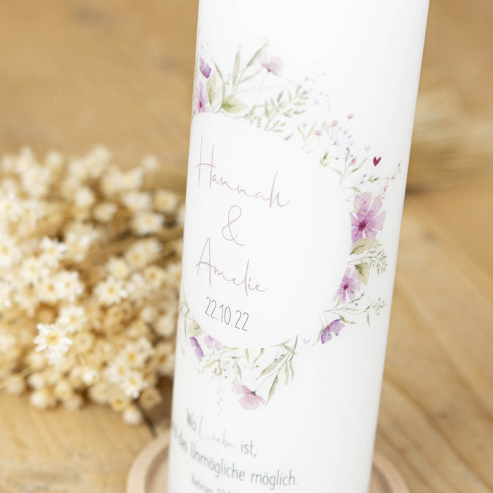 Hochzeitskerze Wildblumen und Herz
