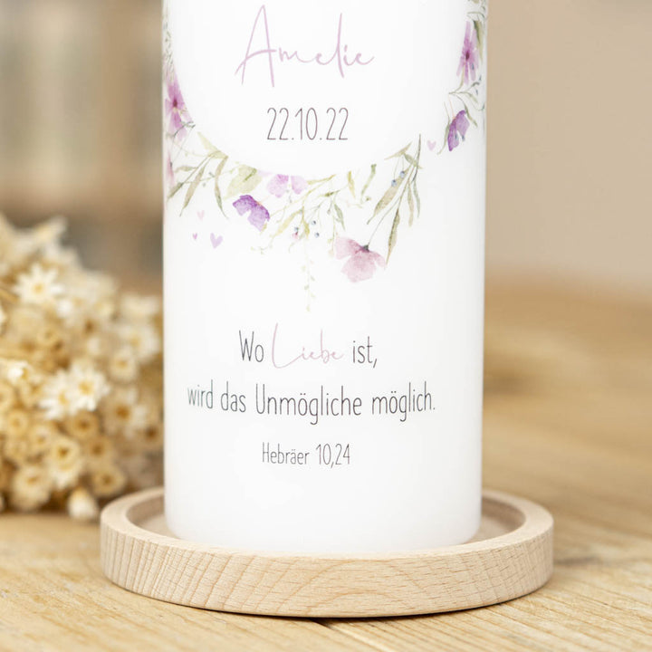Trauspruch auf der Hochzeitskerze Wildblumen