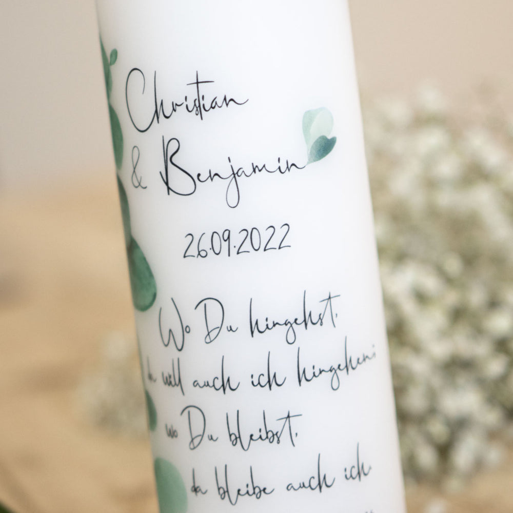 Hochzeitskerze Eukalyptus Ranke Datum und Namen