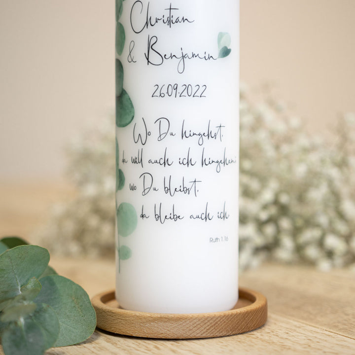 Hochzeitskerze Eukalyptus Ranke Trauspruch