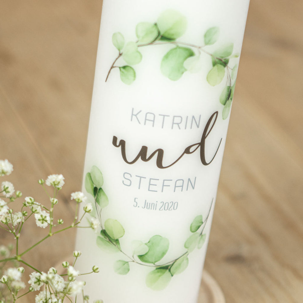 Hochzeitskerze Eukalyptus Kranz Datum