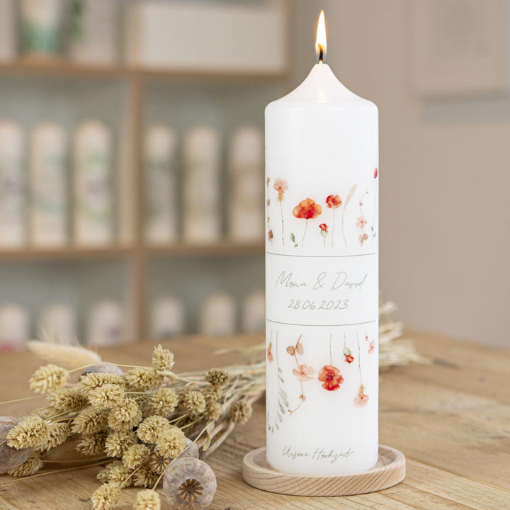 Hochzeitskerze Mohnblumen und Banderole