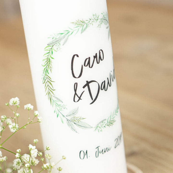 Hochzeitskerze Blätterkranz Greenery