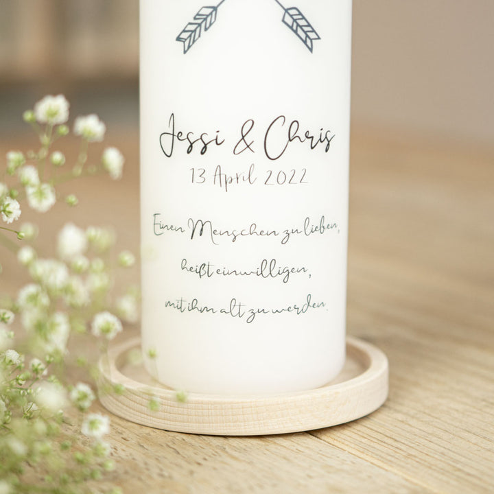 Hochzeitskerze modern Pfeile Trauspruch