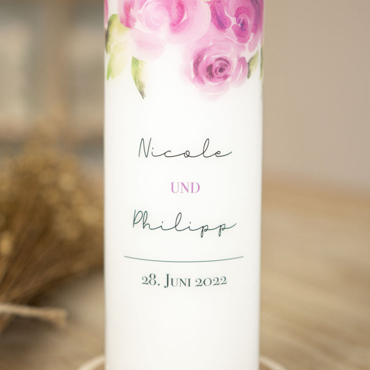 Hochzeitskerze modern Rosen Namen und Datum