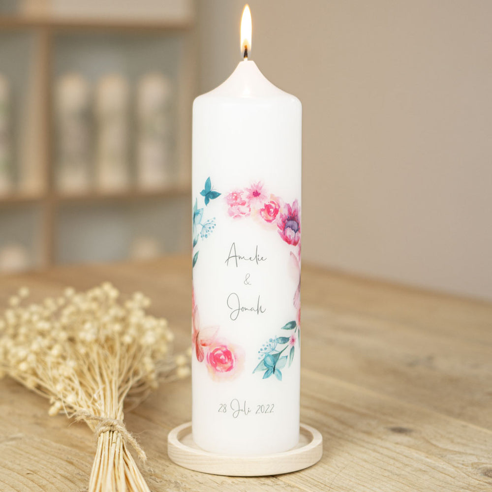Hochzeitskerze Rustic Schmetterlinge mit Holzuntersetzer