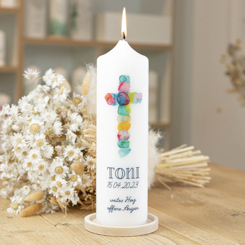Kommunionkerze Kreuz Regenbogen 25cm