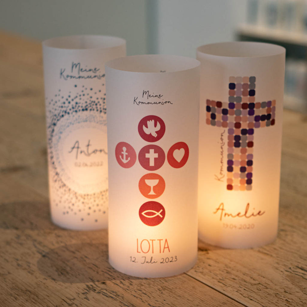 Lichthüllen zur Kommunion mit unterschiedlichen Motiven