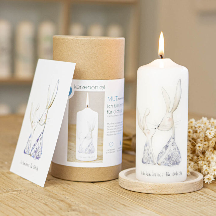 Geschenkkerze Hase mit Grußkarte und Geschenkverpackung