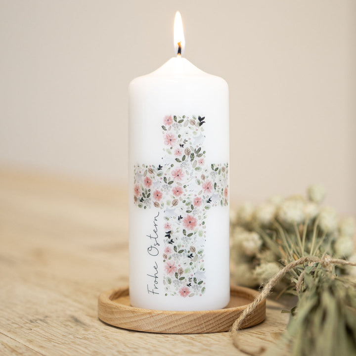 Osterkerze Kreuz Blumen