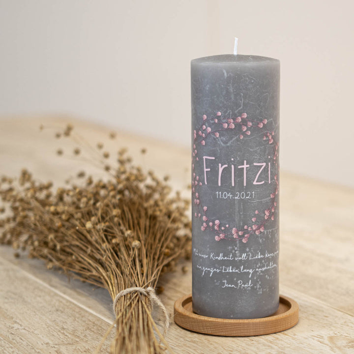 Taufkerze Blumenkranz Rustic Grau