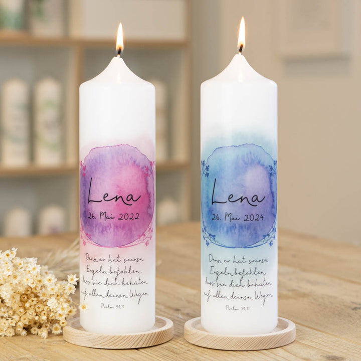 Taufkerze Aquarell Lena in Rosa und Blau