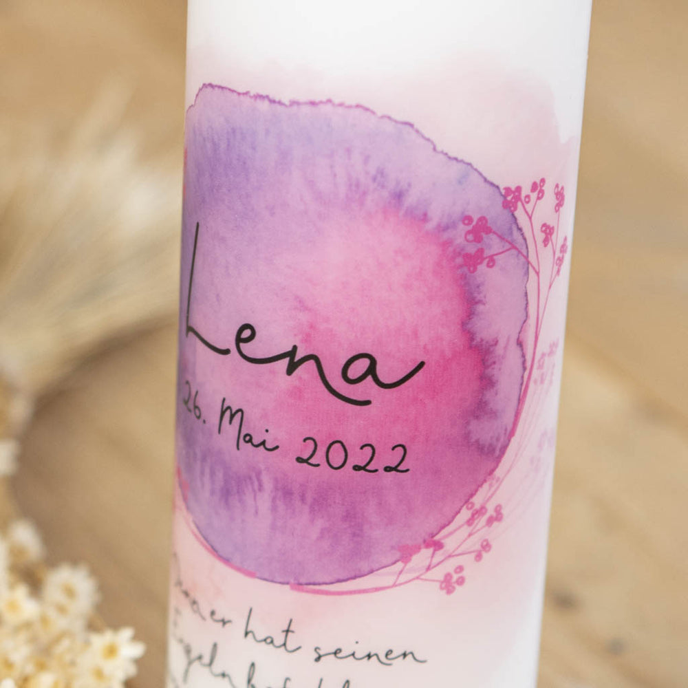 Taufkerze Aquarell Rosa mit Blumen
