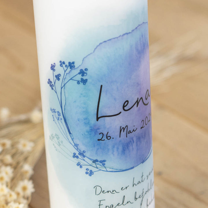 Taufkerze Aquarell in Blau mit Blumen