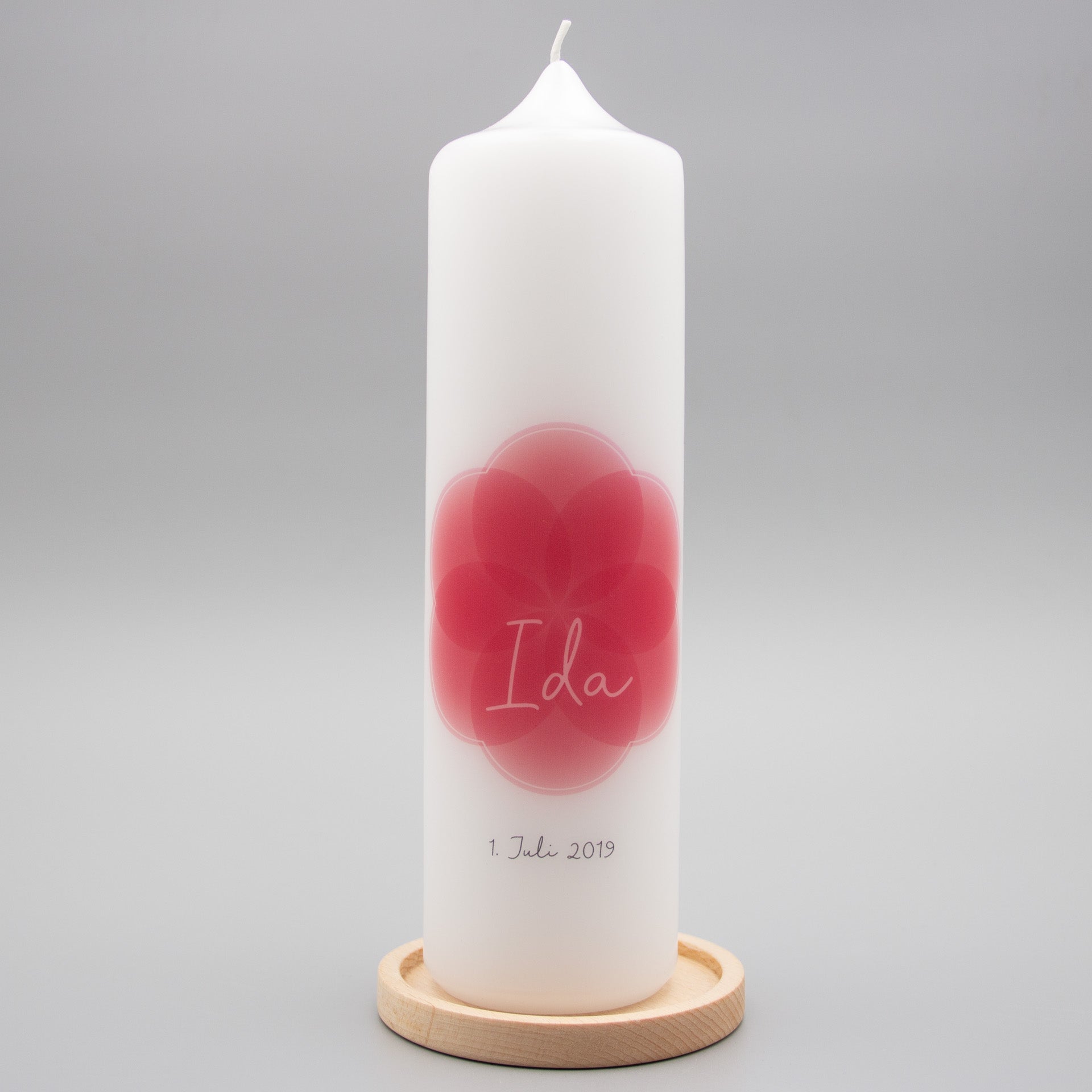 Taufkerze Blume des Lebens Ida mit Kerzenhalter aus Holz