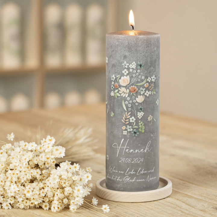 Taufkerze Blumen Kreuz Rustic Grau