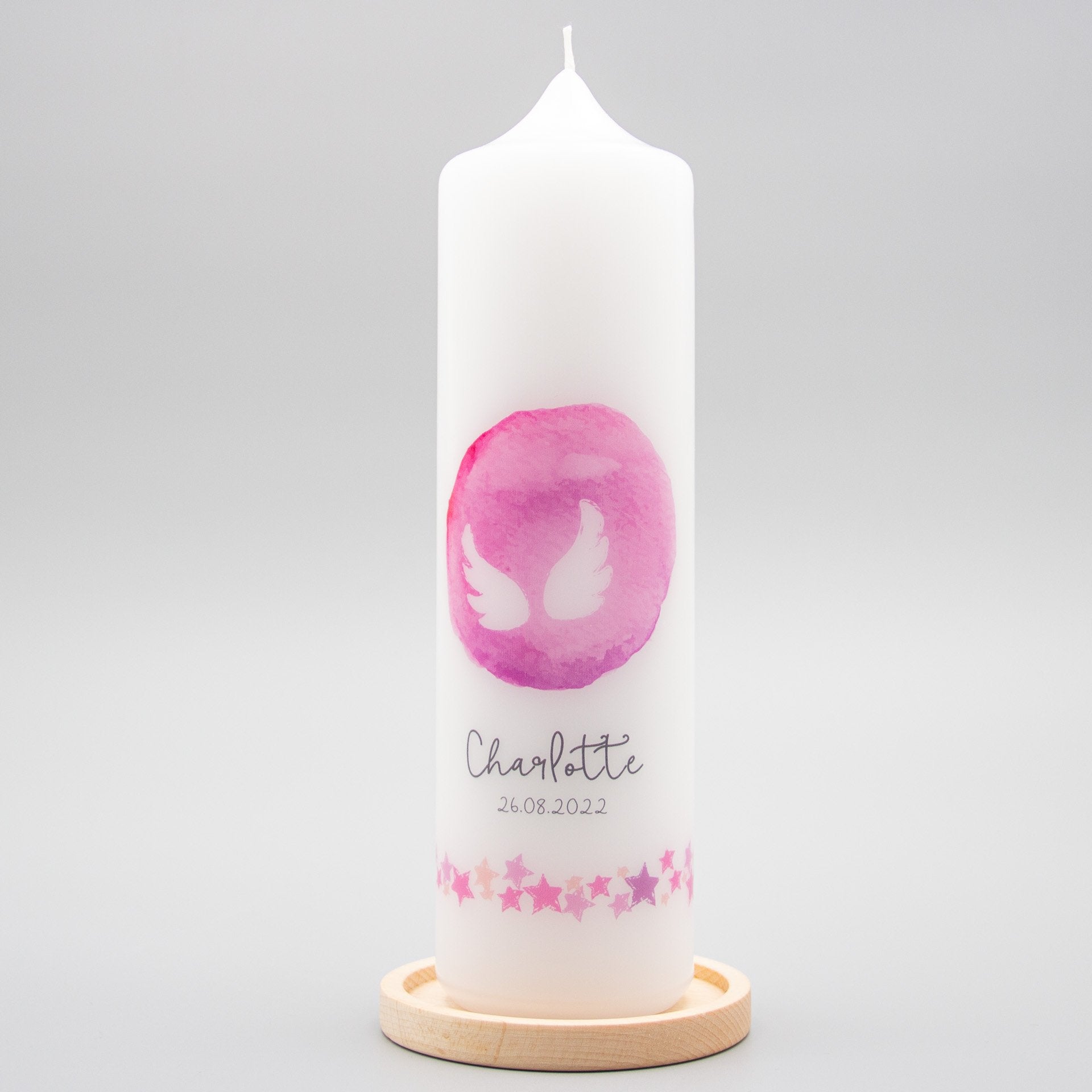 Taufkerze Engel Charlotte mit Kerzenhalter aus Holz