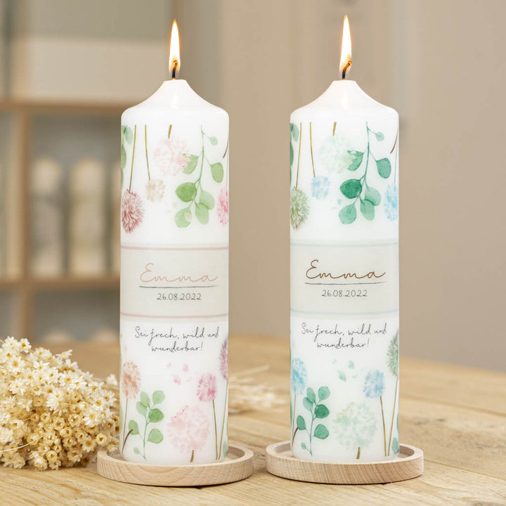Taufkerze Blumen und Eukalyptus