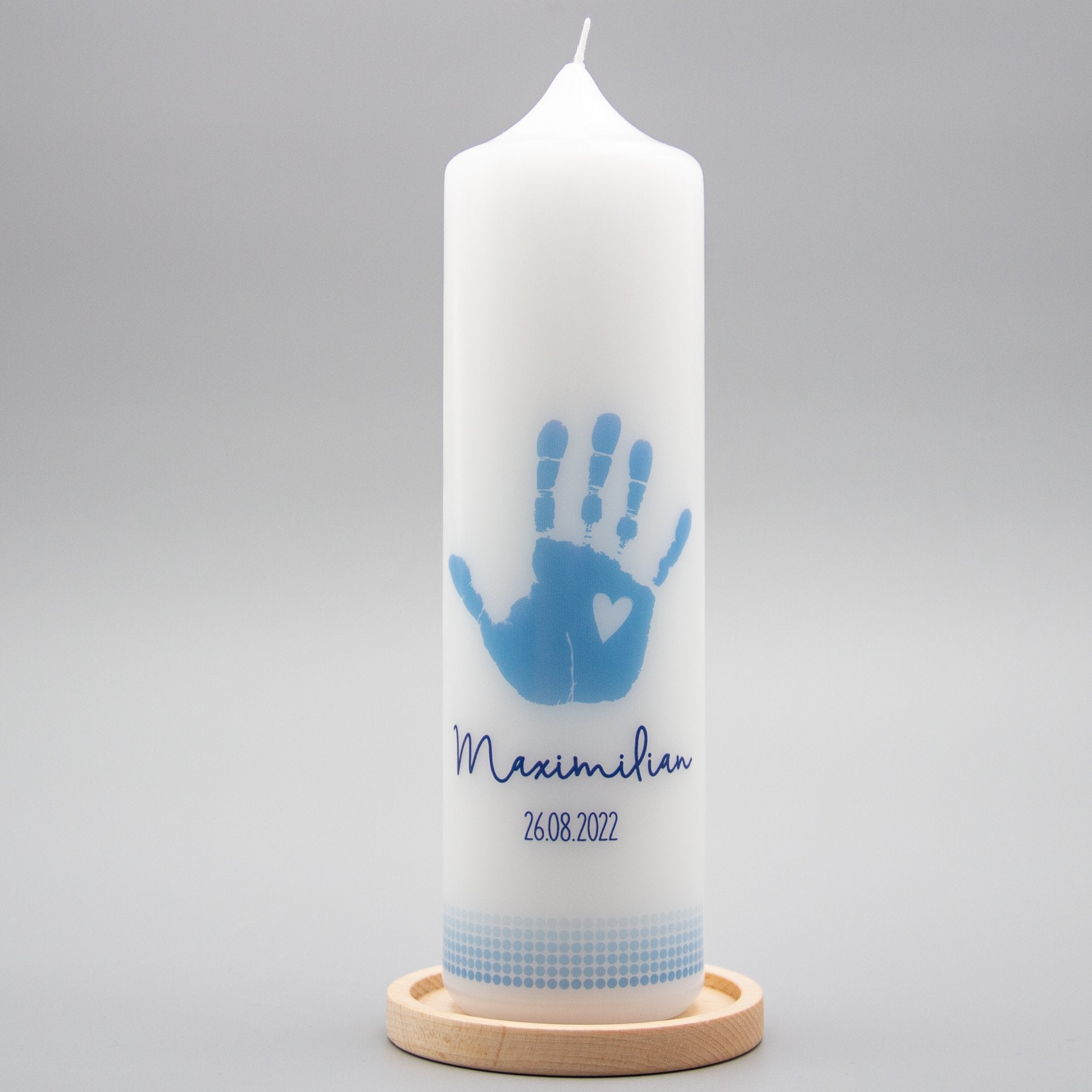 Taufkerze Hand Maximilian mit Kerzenhalter aus Holz
